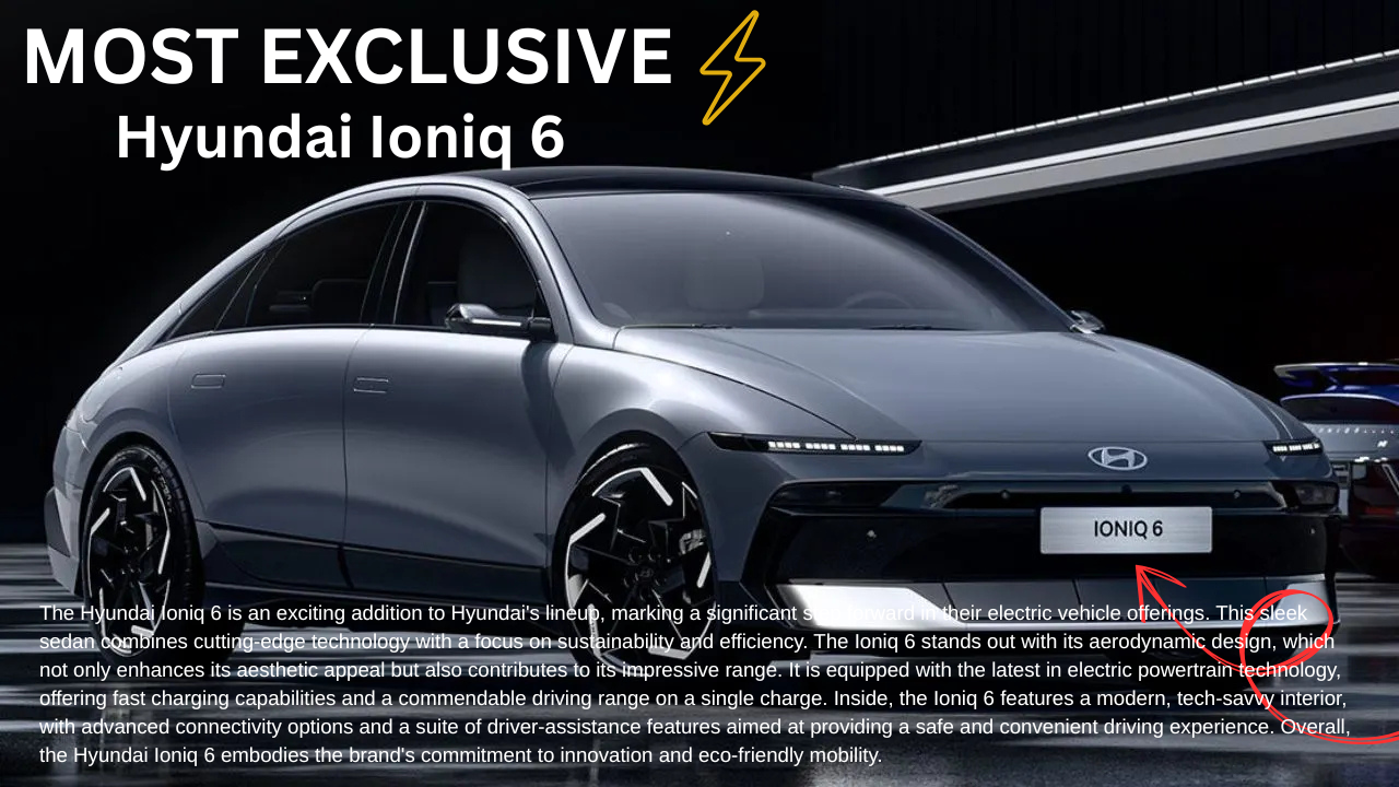 Hyundai Ioniq 6 electric sedan displayed in a sleek, futuristic setting with bold text reading 'Most Exclusive Hyundai Ioniq 6'; the car is highlighted for its aerodynamic design, advanced technology, and eco-friendly innovation.